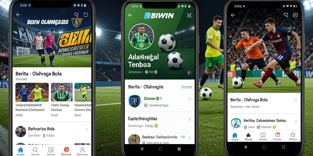 Antarmuka aplikasi BIWIN menampilkan berita dan statistik Olahraga Bola.
