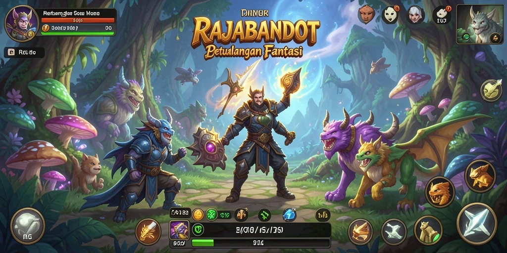 Tampilan antarmuka RAJABANDOT dengan karakter dan lingkungan RPG yang memikat.